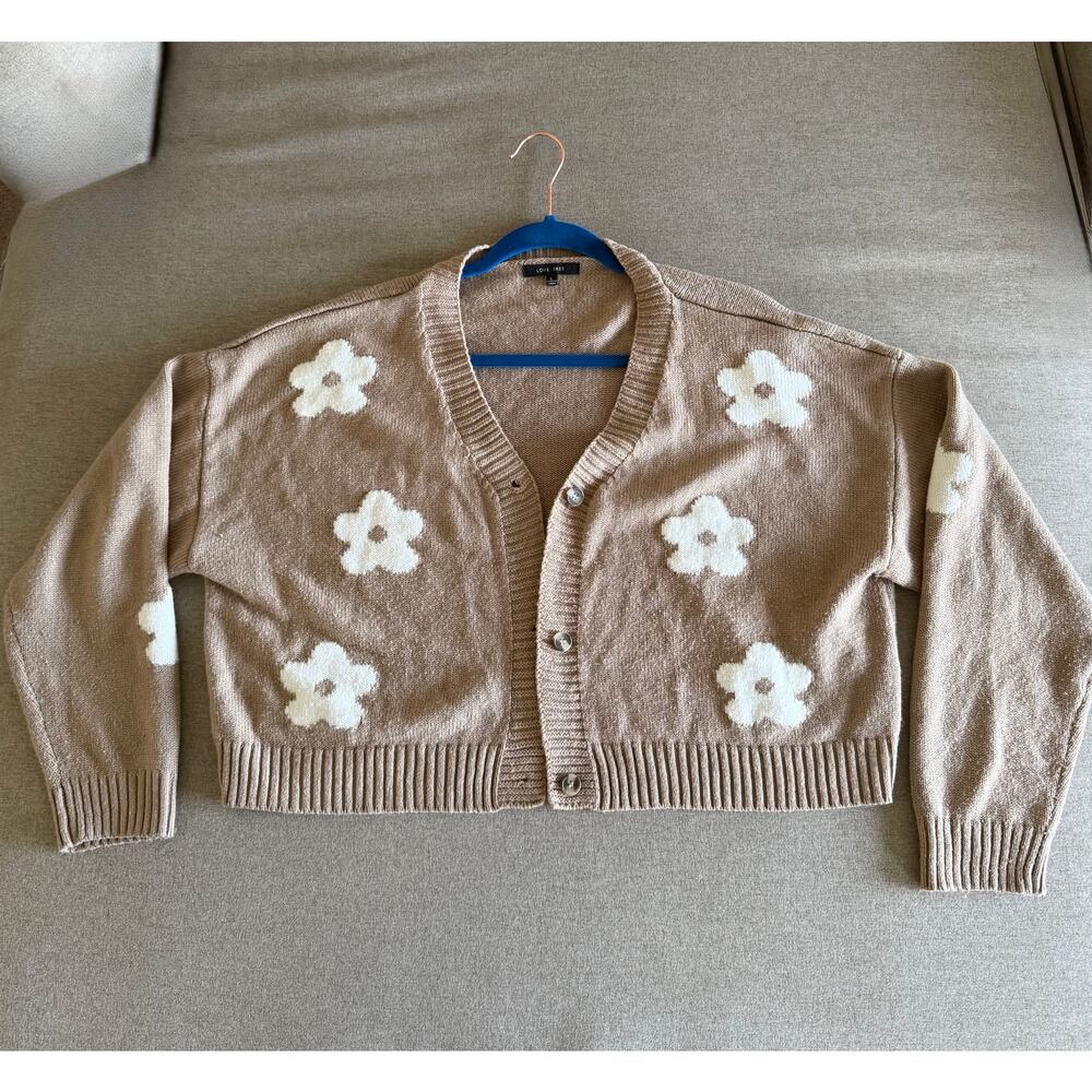 Love Tree Tan Floral Cropped Cardigan Sweater - Large - Cottagecore Boho Daisy